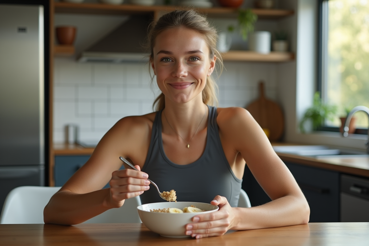 Jeune femme mangeant un bol de flocons avec bananes dans une cuisine lumineuse