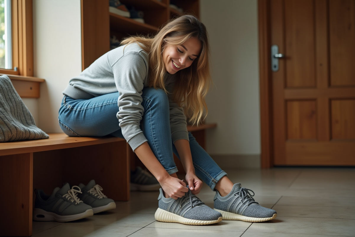 Jeune femme lace ses chaussures de sport dans un vestiaire