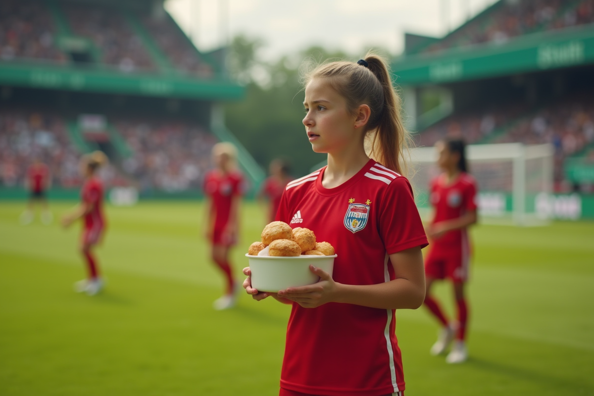Jeune joueuse de football regardant des pâtisseries sur le terrain