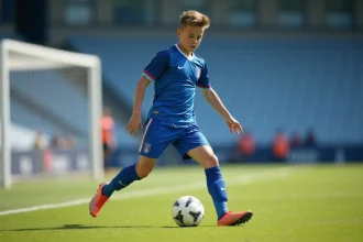 Jeune garçon en maillot de football bleu en action sur le terrain