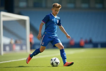 Jeune garçon en maillot de football bleu en action sur le terrain