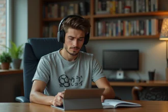 Jeune homme lisant manga avec casque dans un appartement