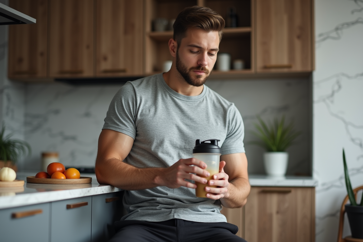 Jeune homme en cuisine examinant un shaker de proteine