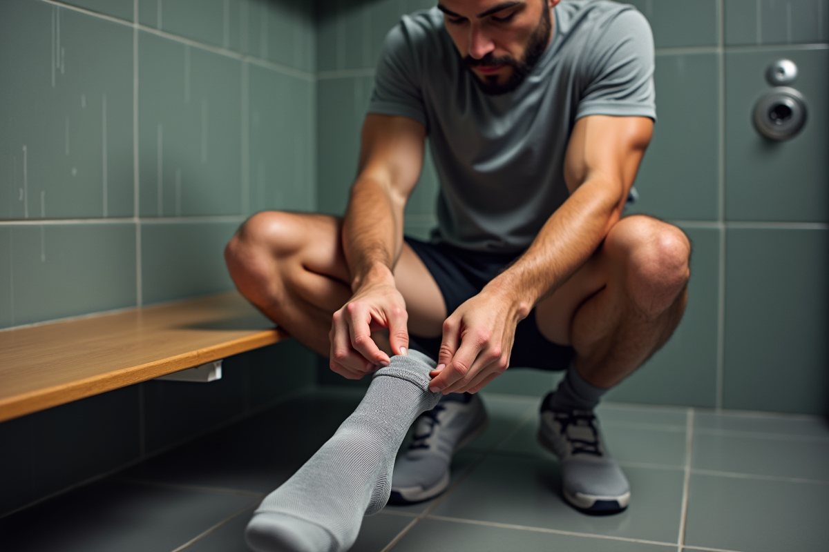 Jeune homme en salle de sport en train de mettre des chaussettes de sport