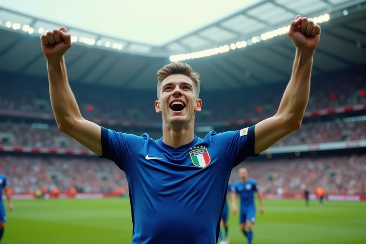 Jeune joueur de l'équipe d'Italie célébrant un but en match officiel dans un grand stade rempli de supporters