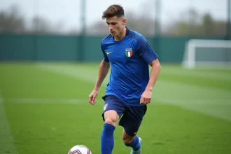 Jeune joueur de l'équipe nationale italienne de football en plein dribble lors d'un entraînement, portant le maillot bleu Azzurri