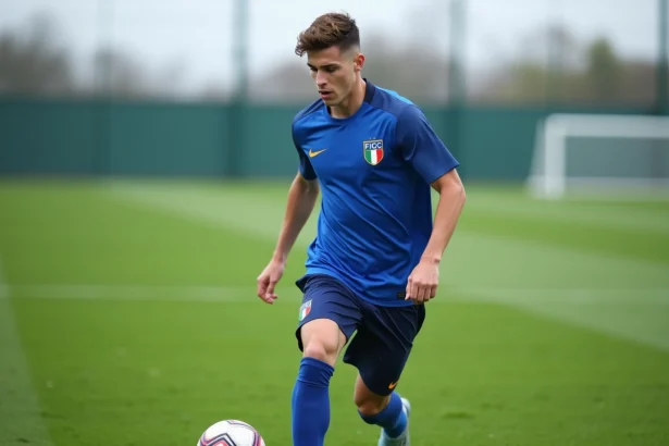 Jeune joueur de l'équipe nationale italienne de football en plein dribble lors d'un entraînement, portant le maillot bleu Azzurri