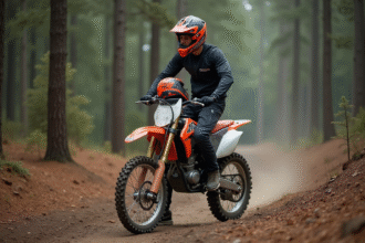 Jeune homme en motocross sur un sentier forestier