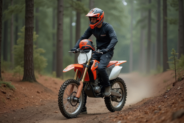 Jeune homme en motocross sur un sentier forestier