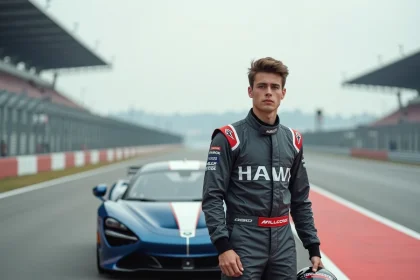 Jeune homme en combinaison de course avec casque à côté d'une voiture de sport