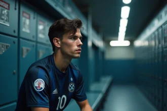 Jeune joueur de l'équipe Inter Milan 2026 assis dans le vestiaire du stade, regardant un tableau tactique, maillot rayé bleu et noir