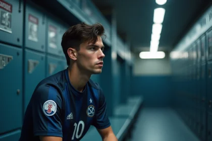 Jeune joueur de l'équipe Inter Milan 2026 assis dans le vestiaire du stade, regardant un tableau tactique, maillot rayé bleu et noir