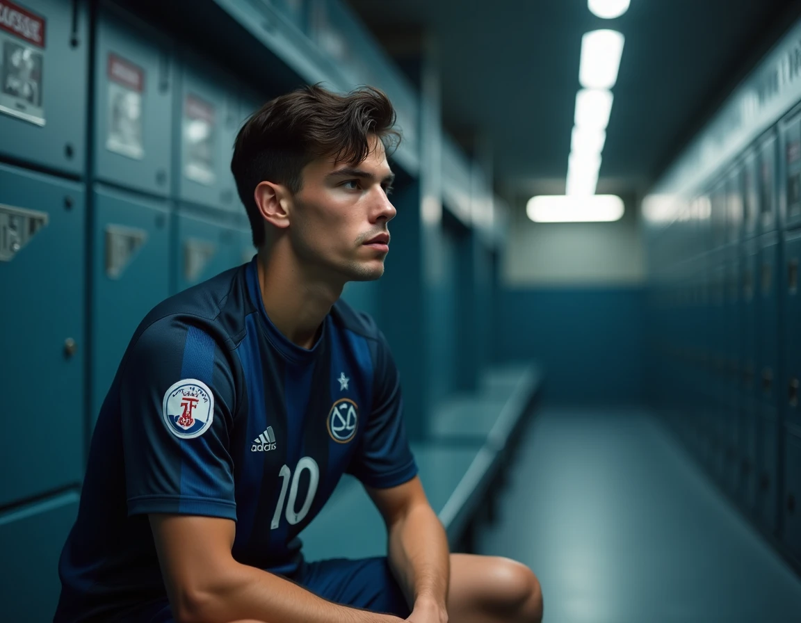 Jeune joueur de l'équipe Inter Milan 2026 assis dans le vestiaire du stade, regardant un tableau tactique, maillot rayé bleu et noir