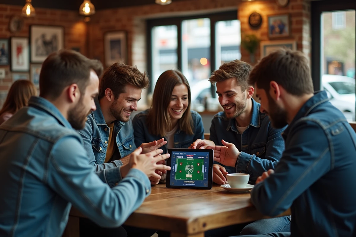 Groupe de jeunes au café regardant un calendrier rugby sur tablette