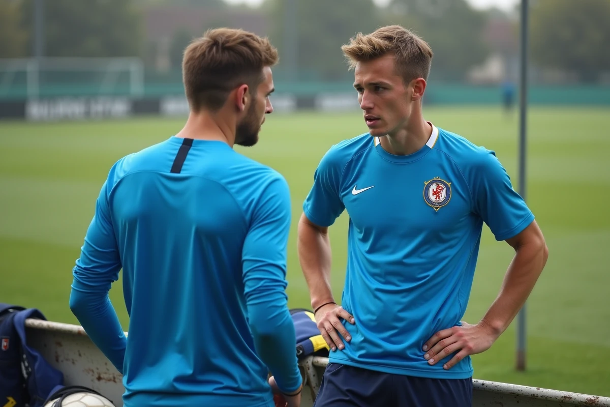 Deux jeunes footballeurs italiens en discussion tactique sur le bord du terrain d'entraînement avec un tableau tactique