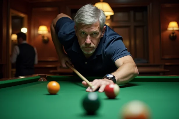 Joueur de billard en train de viser précisément la bille sur un billard professionnel avec repères de table visibles