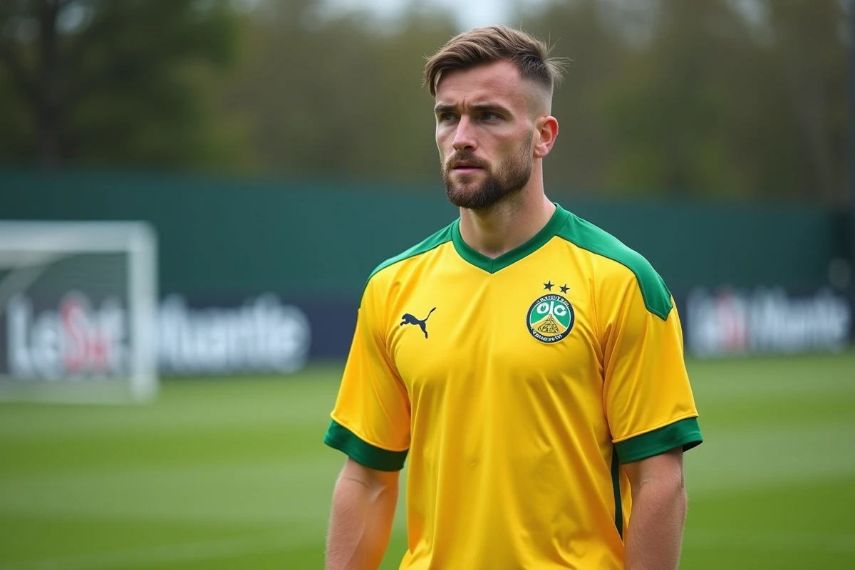 Joueur de football en maillot jaune du FC Nantes lors d'une séance d'entraînement sur terrain naturel