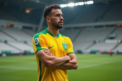 Joueur du FC Nantes en tenue jaune et verte sur le terrain d'entraînement, bras croisés, illustrant les rumeurs de transfert