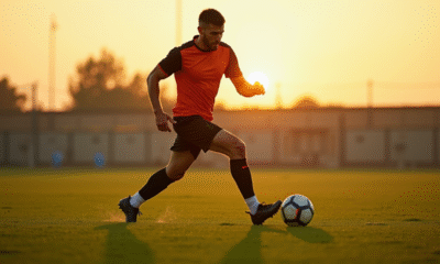 Joueur de football en entraînement au lever du soleil