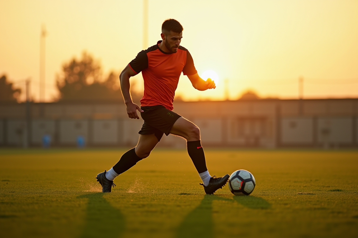 Joueur de football en entraînement au lever du soleil