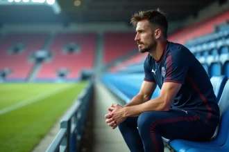 Footballeur parisien assis pensif sur le banc du stade