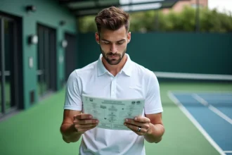 Joueur de padel masculin analysant un tableau de tournoi avec les points P250 en main, concentré et stratégique