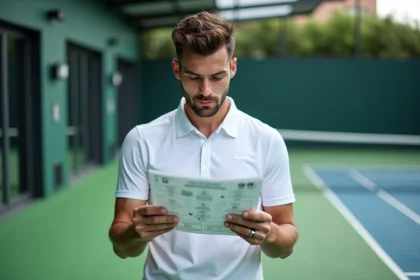 Joueur de padel masculin analysant un tableau de tournoi avec les points P250 en main, concentré et stratégique