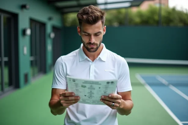 Joueur de padel masculin analysant un tableau de tournoi avec les points P250 en main, concentré et stratégique