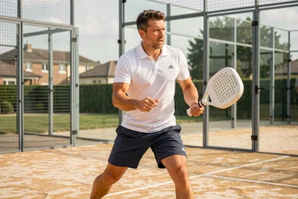 Joueur de padel masculin en plein élan sur un court en verre, illustrant le niveau P250 en compétition de padel