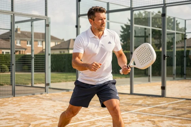 Joueur de padel masculin en plein élan sur un court en verre, illustrant le niveau P250 en compétition de padel
