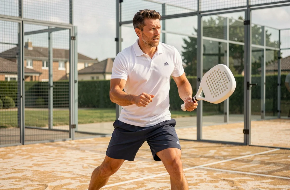 Joueur de padel masculin en plein élan sur un court en verre, illustrant le niveau P250 en compétition de padel