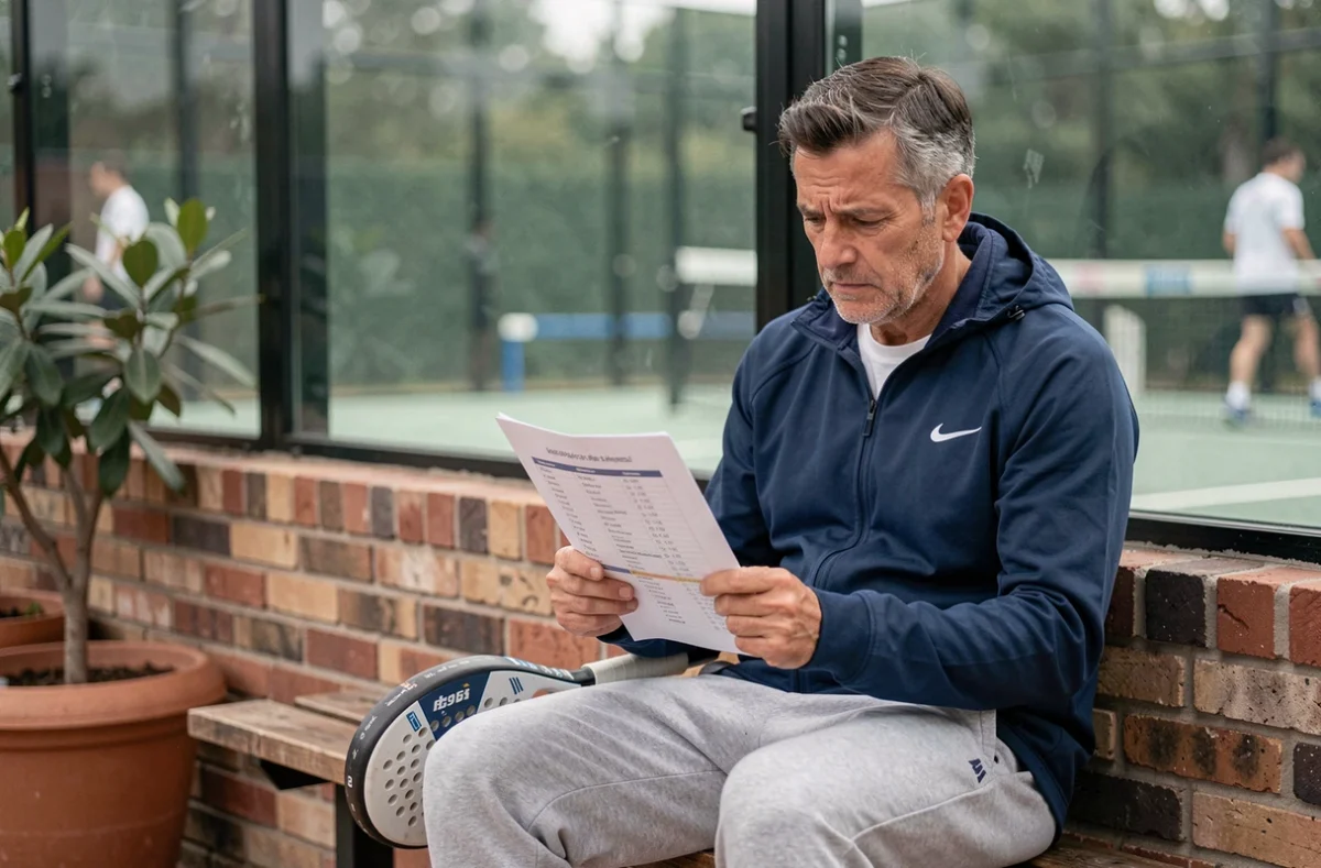 Joueur de padel consultant un tableau de compétition P250, réfléchissant à son niveau avant inscription au tournoi