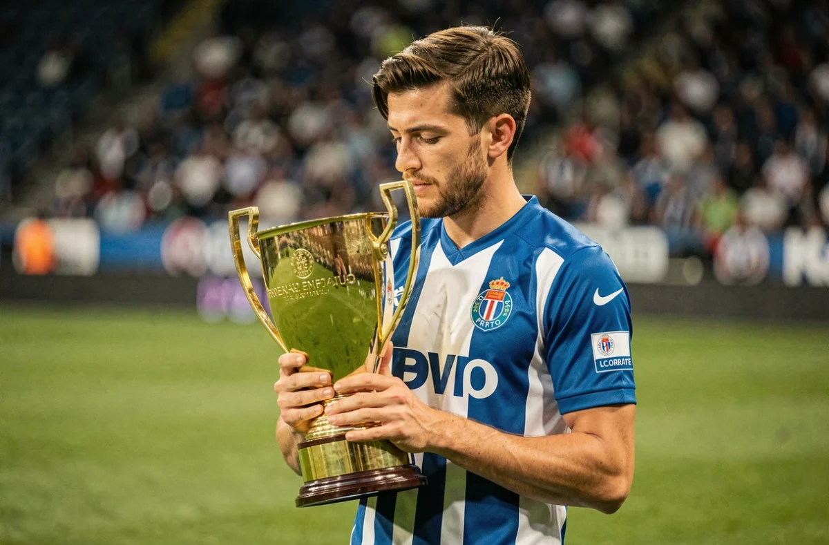 Joueur du FC Porto tenant un trophée doré sur la pelouse du stade, célébrant un titre individuel