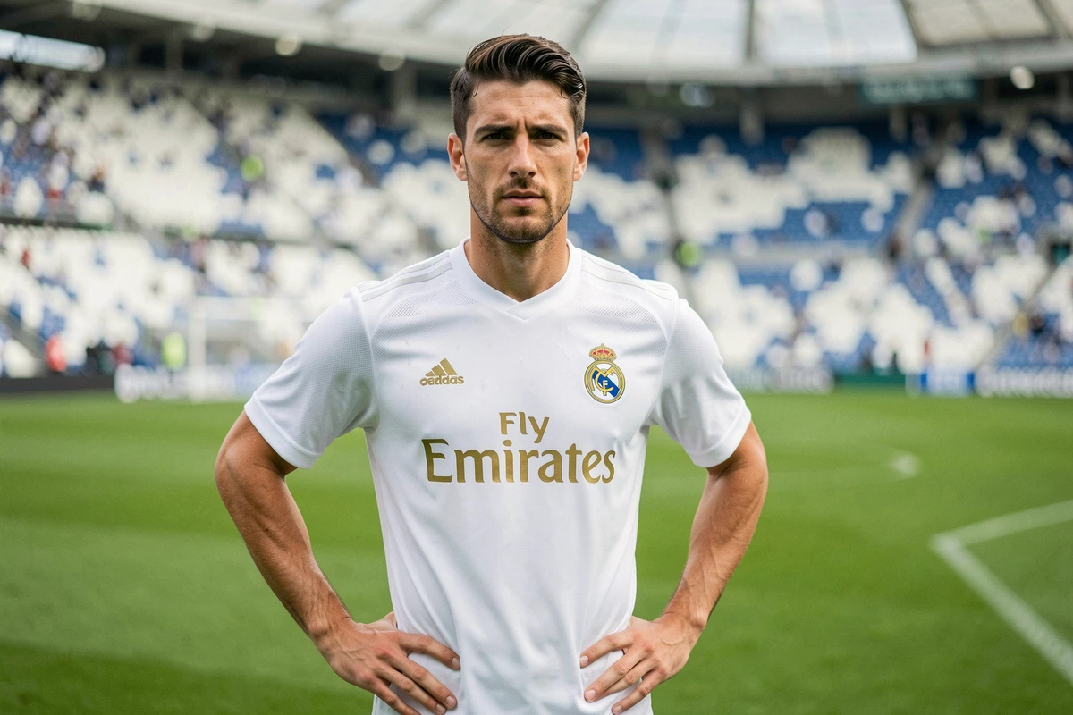 Joueur du Real Madrid en maillot blanc sur la pelouse du Santiago Bernabéu lors d'un entraînement