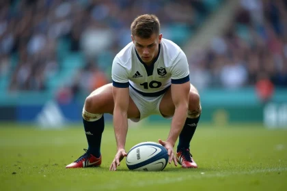 Jeune joueur de rugby à XV U20 en position de coup de pied lors d'un match de phase de poules de la Coupe du monde