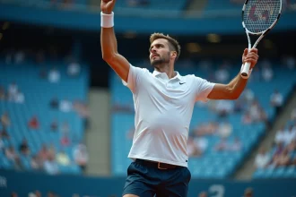 Joueur de tennis professionnel au service lors d'un tournoi ATP sur surface dure, stade en arrière-plan