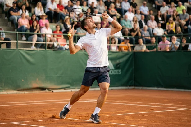 Joueur de tennis professionnel en plein service sur court en terre battue lors d'un match officiel