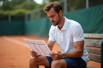 Joueur de tennis étudiant un tableau de répartition des points P100 entre deux matchs sur un court en terre battue