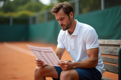 Joueur de tennis étudiant un tableau de répartition des points P100 entre deux matchs sur un court en terre battue