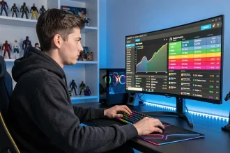 Joueur analysant son rang Rocket League sur un tracker de statistiques affiché sur un écran ultrawide dans une salle de gaming moderne
