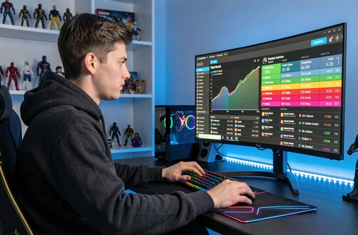Joueur analysant son rang Rocket League sur un tracker de statistiques affiché sur un écran ultrawide dans une salle de gaming moderne