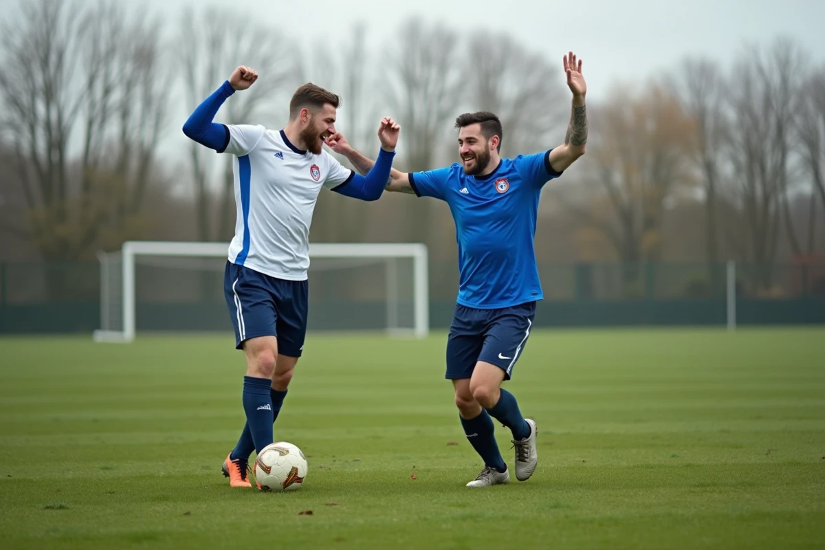 Joueurs de football amateur célébrant un but lors d'un championnat départemental FFF 91 en Essonne