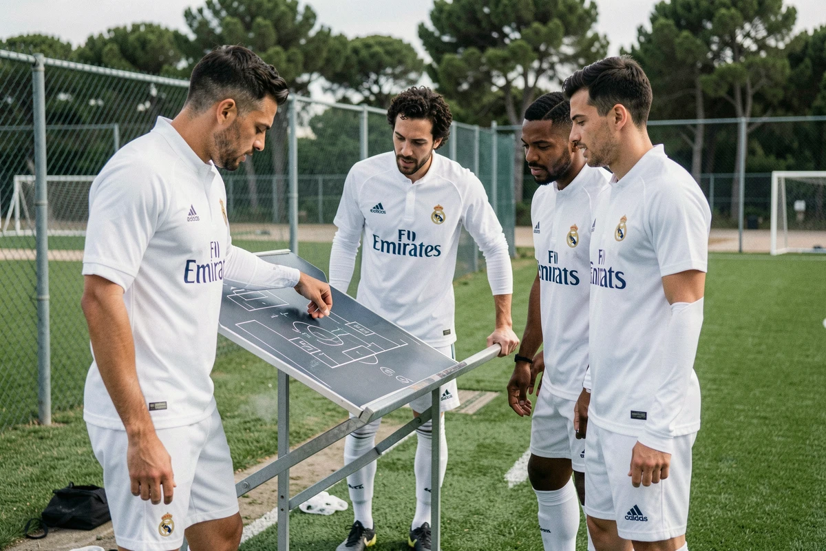 Groupe de joueurs du Real Madrid en tenue d'entraînement discutant de tactiques sur le terrain