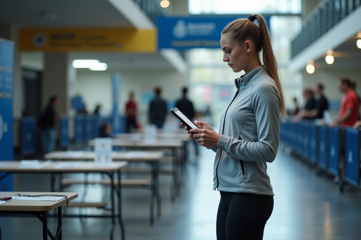 Joueuse de tennis consultant la répartition des points sur tablette lors d'une inscription à un tournoi P100