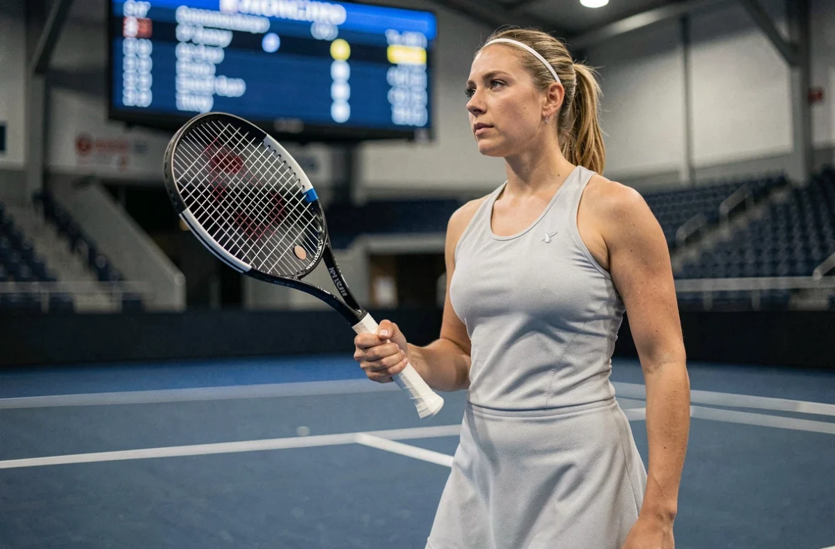 Joueuse de tennis consultant le tableau de score en salle lors d'un match avec de nouvelles règles de sets