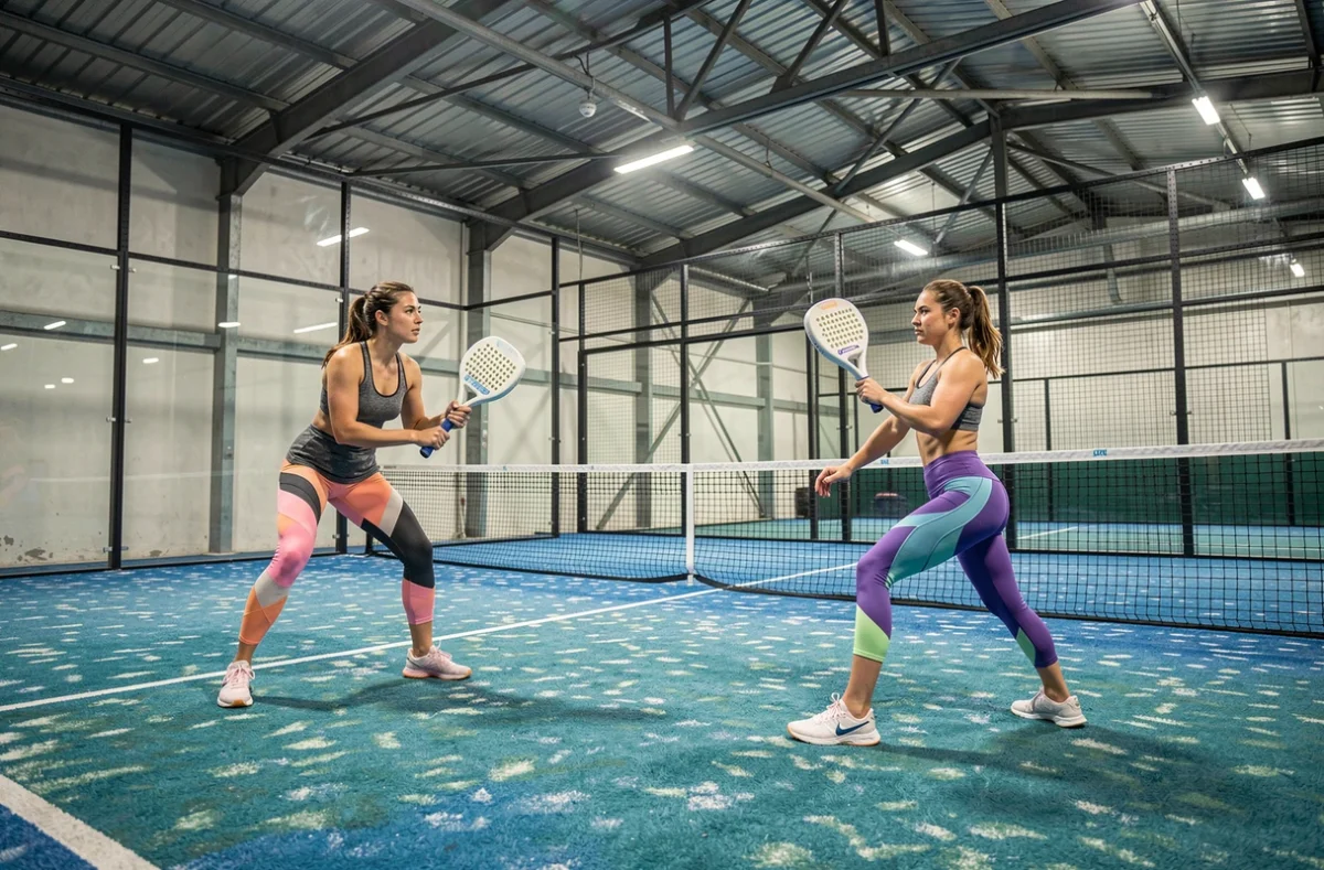 Deux joueuses de padel en double sur un court intérieur, représentant la compétition féminine au niveau P250 padel