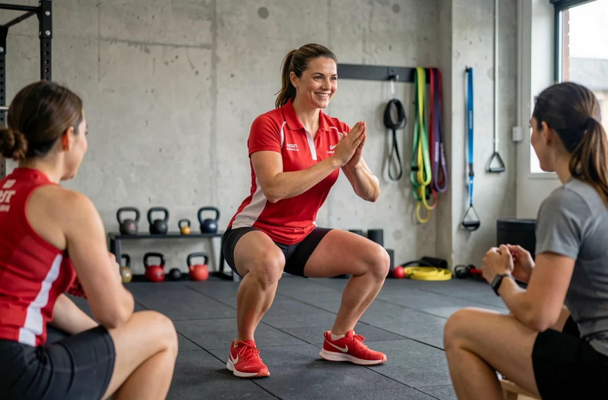 Karine Bernaud démontrant un exercice de squat à un groupe dans une salle de sport moderne à Lyon