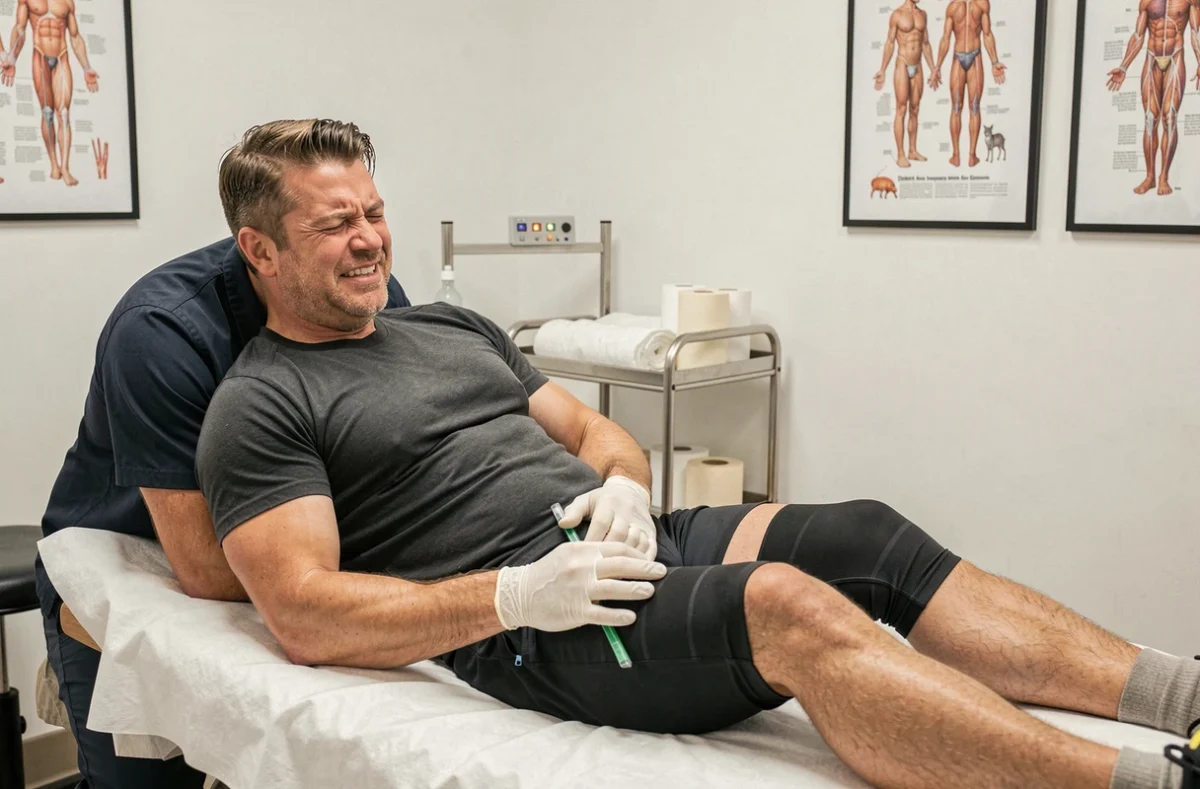 Séance de kinésithérapie pour un athlète extrême blessé au genou, coulisses des soins médicaux du sport de haut niveau
