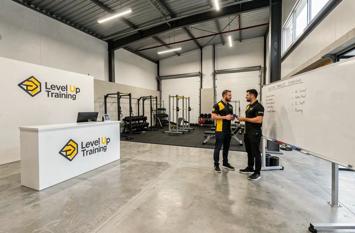 Structure Level Up Training en Sarthe, vue intérieure du studio de coaching avec l'équipe de coachs professionnels et les équipements de fitness