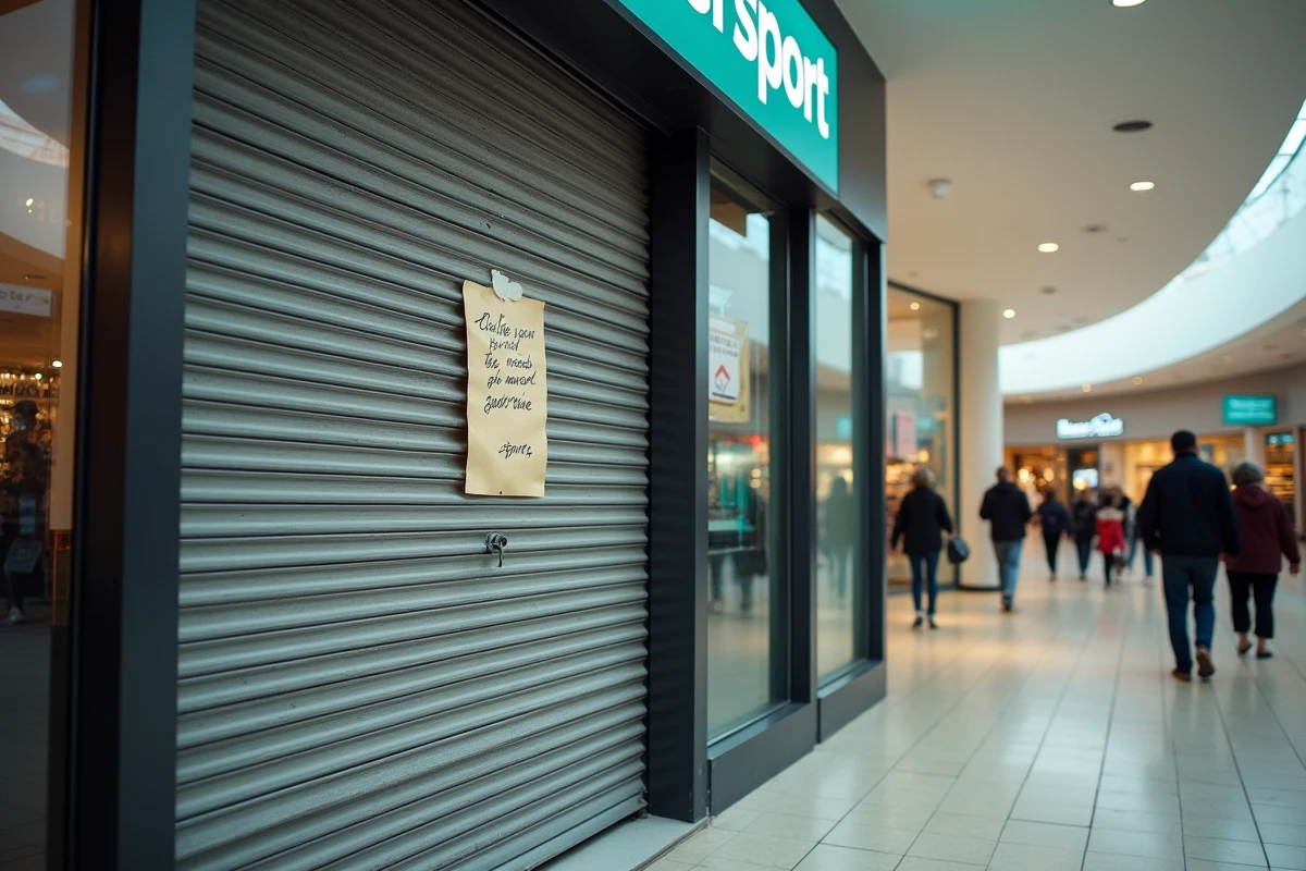 Devanture fermée d'un magasin de sport avec rideau métallique baissé et affichette de fermeture définitive dans un centre commercial